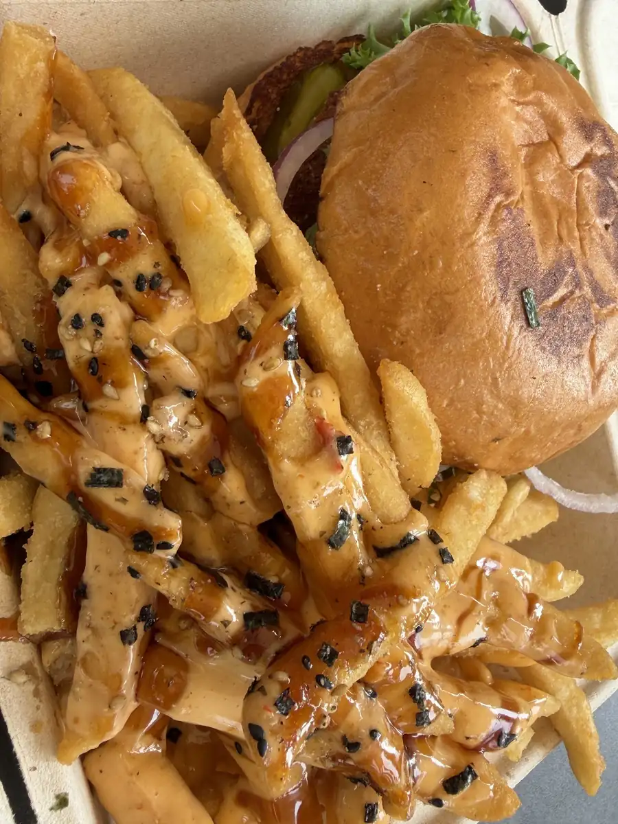 Burger with loaded fries
