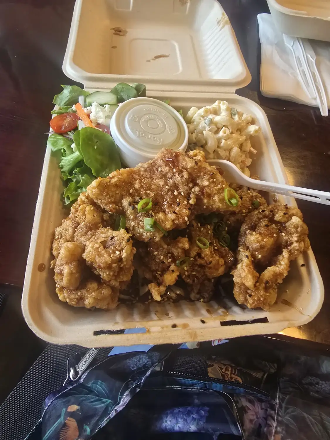 Korean fried chicken plate with mac salad and green salad